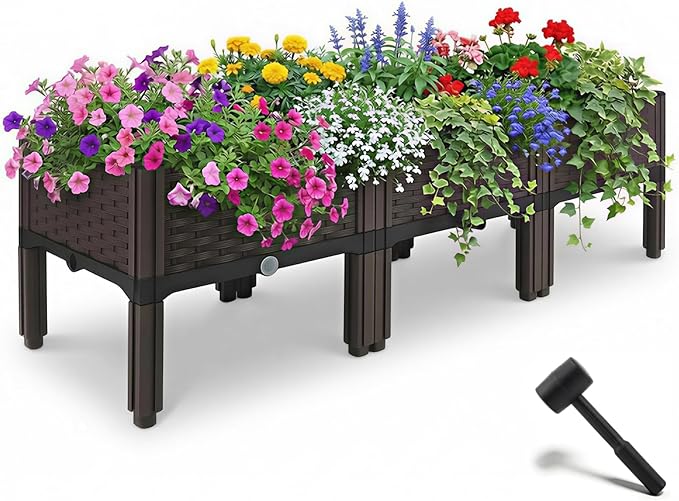 3Pcs Plastic Raised Garden Bed46.8×15.6×14.4 Elevated Wicker Planter Box with Self-Watering System Plants Garden Boxes with Legs for Growing Fresh VegetablesFruitFlowers and Herbs