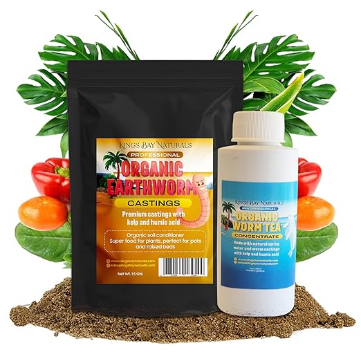 Premium Organic Worm Castings &amp Worm Tea – 1.5 QTS Worm Castings with Kelp &amp Humic Acid + 4 oz Worm Tea – Natural Soil Fertilizer for Indoor &amp Outdoor Gardens Vegetables Flowers &amp Tr