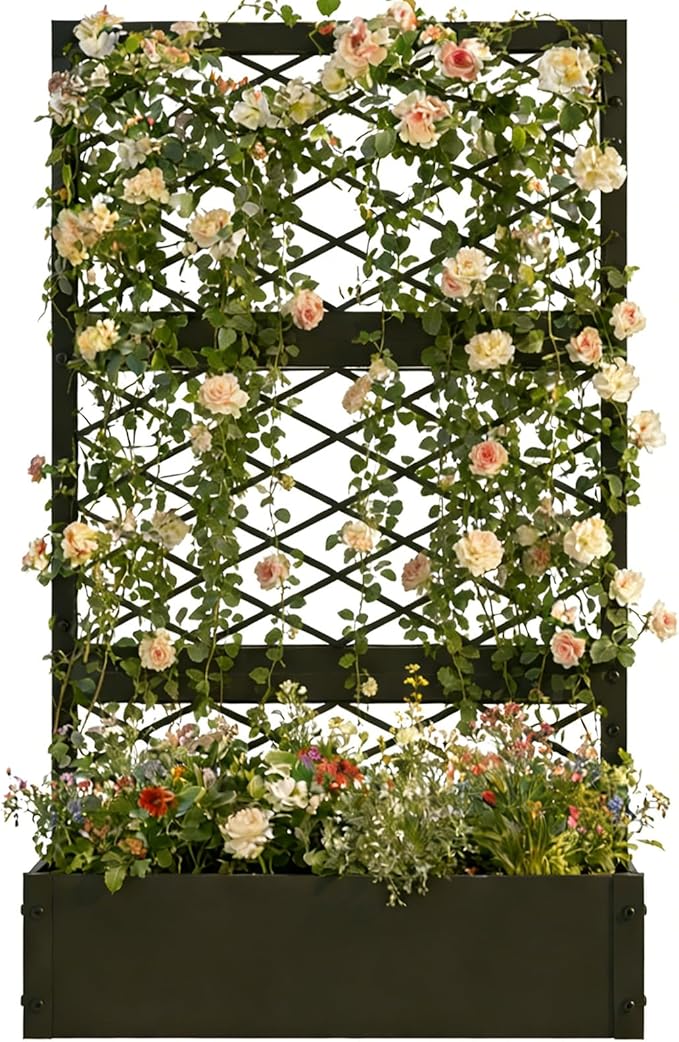 aboxoo 59 inch Planter Raised Garden Bed with Trellis Outdoor Metal Large Planter Box Elevated Garden Bed for Vegetables Flower Herb Patio(Black)