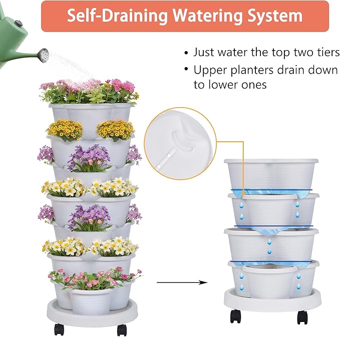 VECELO 7 Tier Vertical Garden Planter Self Watering Stackable Planters with Wheels for Strawberries Herbs Flowers Vegetables White