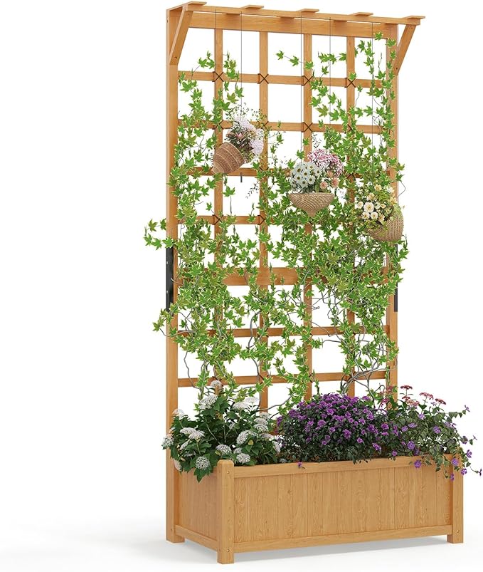 Aoxun 36 Raised Garden Bed with Trellis Wood Planter Container with Hanging Roof &amp Garden Boxes for Climbing Plants Flowers Vine (1 piece)