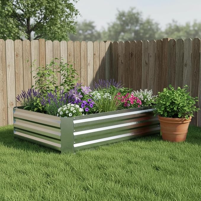 HomeRoots 12 X 48 Silver Steel Rectangular Raised Garden Bed