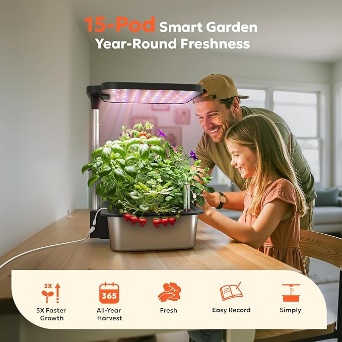 owltron Smart Hydroponics Growing System Kit15 Pods Indoor Herb Garden with 36W LED Grow Light &amp APP Control Planting Height Up to 30 Quiet Water Pump Stainless Steel - Ideal Gift for All Age