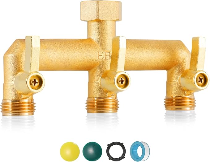 EBH Brass Garden Hose Splitter 3 Way Outdoor Faucet Splitter 3 Long Metal Handle and Individual On/Off Valve GHT 3/4-Inch Heavy Duty Hex Female Inlet and 3/4-Inch Male Outlet