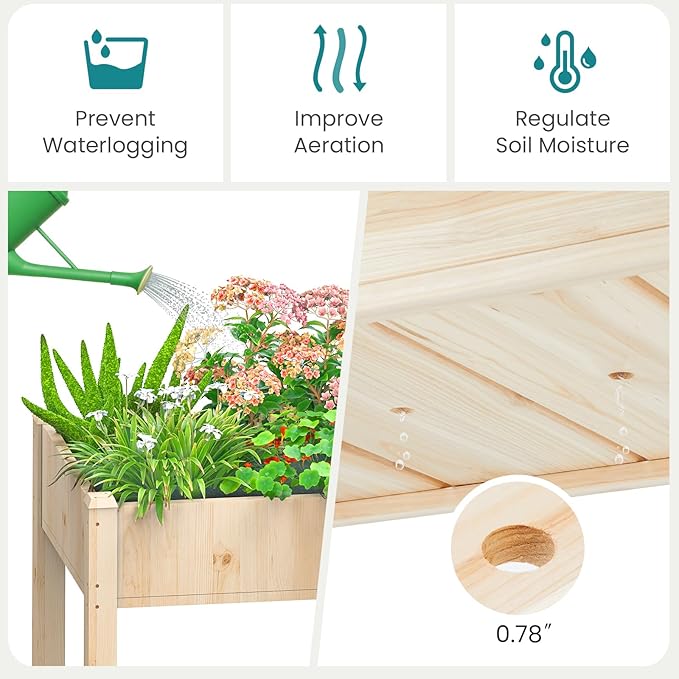 OLIXIS 48x 24x 30in Raised Garden Bed - Natural Wood Elevated Planter Box with Non-Woven Liner 300lb Capacity - Perfect for Backyard Patio Balcony Gardening(Light Yellow)