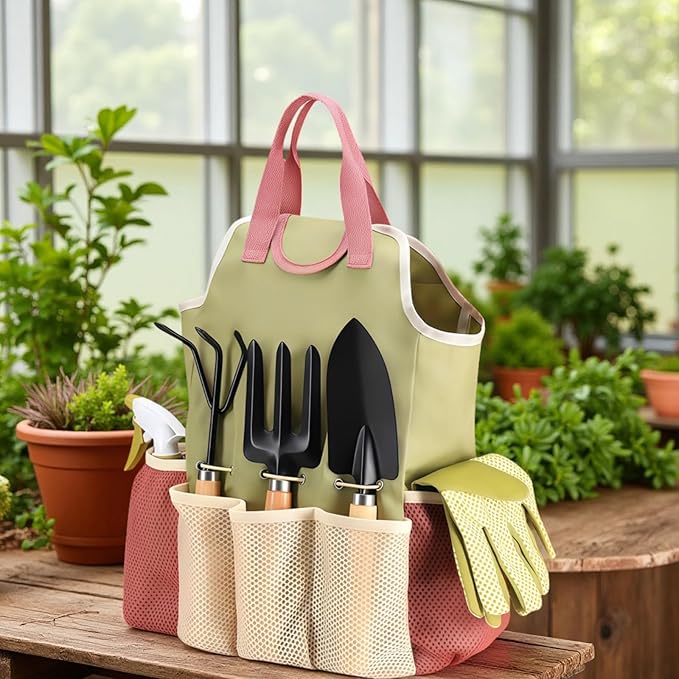 Garden Tool Set 9 Pcs with Wooden Handles Gift for Women &amp Men Includes Tote Bag Transplanter Fork Rake Trowel
