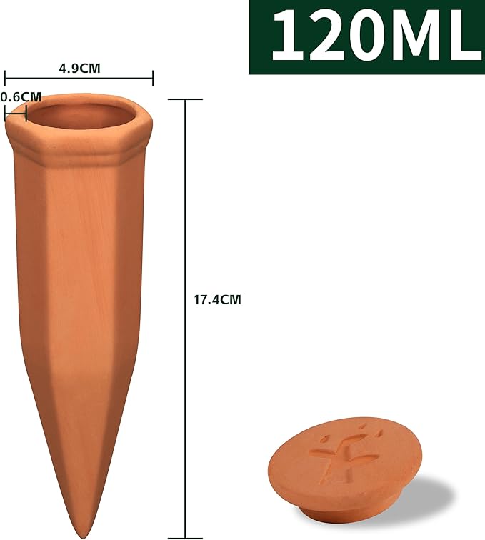 Large Terracotta Watering Spikes with Lids Automatic Plant Waterer Outdoor | Indoor Vacation Friendly Clay Plant Watering Devices System Slow Release Self Watering Planter Insert 4 Pack