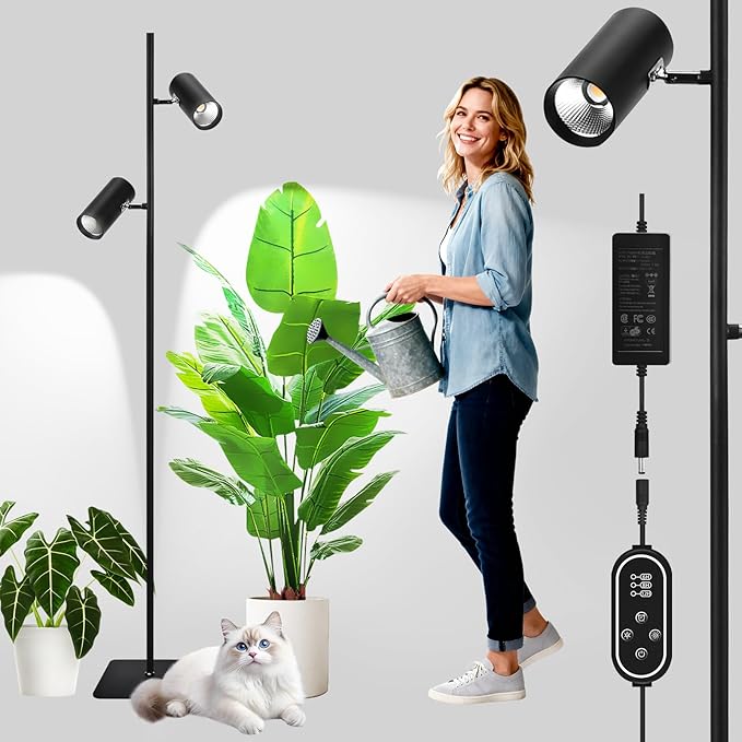60W Dimmable Grow Light Daylight Full Spectrum COB LED Dual-Head Floor Lamp with High PPFD&ampCRI 6/8/12H Timer Adjustable Height (37-77) &amp Angle – Standing Grow Lights for Indoor Plants