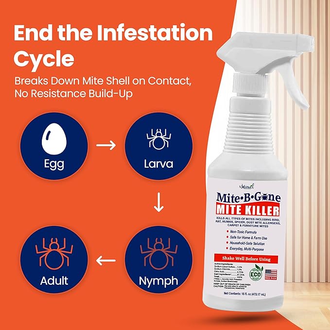 Dust Mite Killer Spray by Mite-B-Gone 16oz | Naturally Kills Human Mites Chicken Bird Dust Spider Rat Turkey Carpet Mites | Family &amp Pet Safe Treatment for Homes Furniture Bedding &amp F