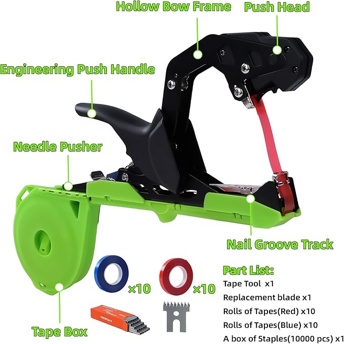 Plant Tying Machine 20 Tapener Tying Tool Plant Tying Tool with Spare Blade and a Box of Staple for Quick Bundling of Tomatoes Grapes and Vegetables (Green)