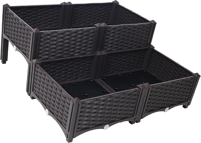 4-Piece Self-Watering Raised Garden Bed with Legs - Brown Planter Box for Flowers Herbs &amp Vegetables
