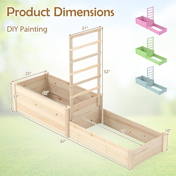 Giantex Wooden Raised Garden Bed with Trellis &amp 2 Planter Boxes Raised Bed for Vegetables Flowers Vine Fruits Herbs Gardening Planting Outdoor Garden Box for Patio Backyard Lawn