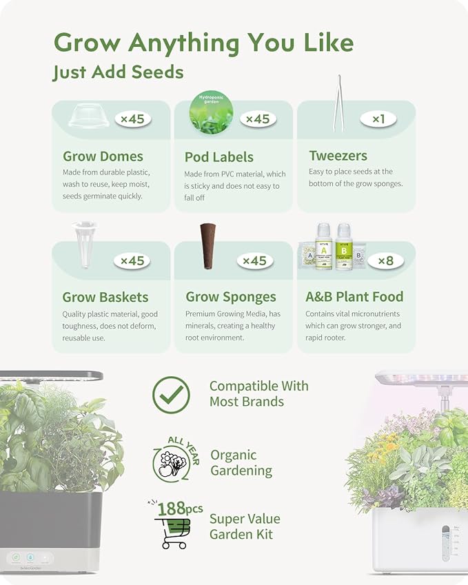 12 Pods Hydroponics Growing System Remote Control White &amp 188Pcs Hydroponic Pods Supplies