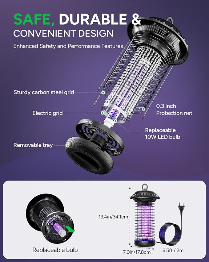 Buzbug LED Bug Zapper Indoor Outdoor Up to 50000 Hours Lifespan Lamps 6.5 ft Power Cord High-Voltage Mosquito Zapper Fly Trap Mosquito Trap Fly Killer Fly Zapper -MO008C