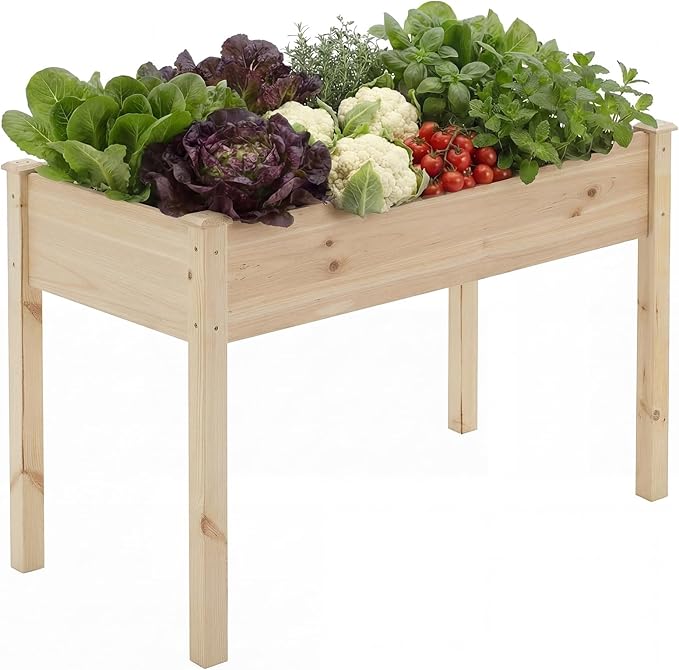 DUMOS Raised Garden Bed with Legs 34x18x30 Inch Planter Box Outdoor with Liner for Herbs Flowers Vegetables Elevated Wooden Garden Bed for Patio Balcony and Backyard Natural Wood
