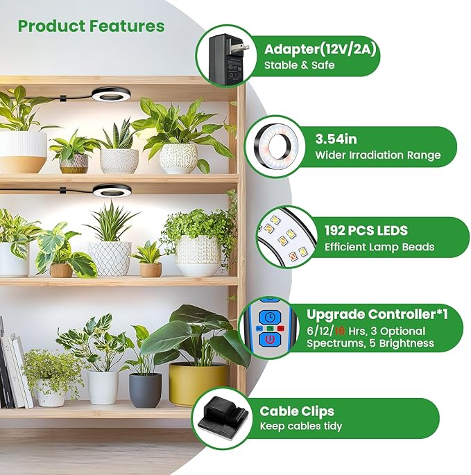 Wiaxulay Grow Lights for Indoor Plants 192 LED Full Spectrum Plant Lights for Indoor Growing 12V/2A Under Cabinet Grow Lamp with Auto Timer 6/12/16 Hrs 3 Lighting Mode 5 Brightness Four Head