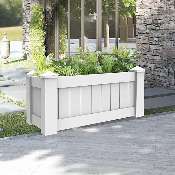 E&ampK Sunrise 43x20x20 Raised Garden Bed White Vinyl Above Ground Planter Box for Growing Vegetables Flowers Herbs DIY Gardening Yard Patio Lawn Outdoor (1 Pc)