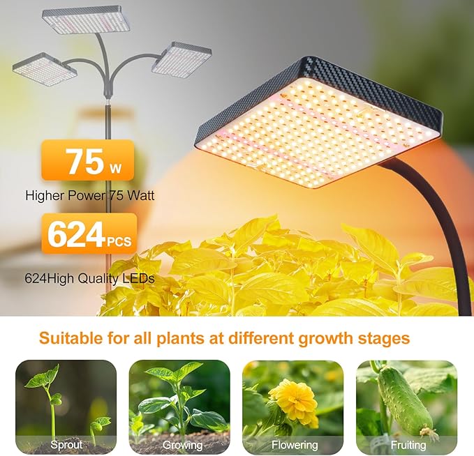 FECiDA 2026 3Head Grow Lights with Upgraded Stand Big Coverage Grow Lights for Indoor Large Plants Bonsai Tree 4/8/12/16/20 Hr Timer 75 Watt Power Draw NO Need Adapter 24-76 Height Adjustable