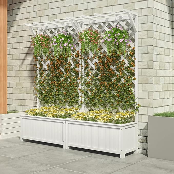 Wood Planter Raised Bed with Top 48 Inch Height Plant Climbing Box for Garden Balcony Patio Yard Porch Vertical GardenWhite75x40x120cm