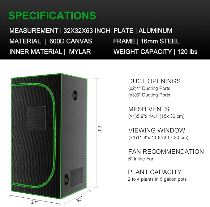 MELONFARM 32x32x63'' Grow Tent High Reflective 600D Diamond Mylar Canvas with Observation Window and Floor Tray for Hydroponic Indoor Plant Growing