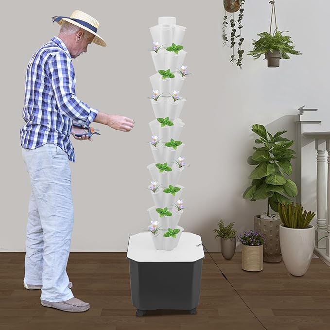 50 Pots Hydroponic Tower Growing System 10 Layers Movable Vertical Hydroponics Tower Garden Growing System Space Saving Indoor Plants Smart Garden for Gardening Lover