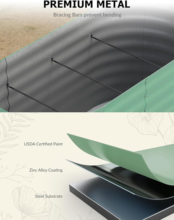 Raised Garden Bed 8x4x2 FT Oval Planter Raised Beds for Plants Vegetables and Flowers Outdoor Metal Galvanized Raised Garden Bed Green