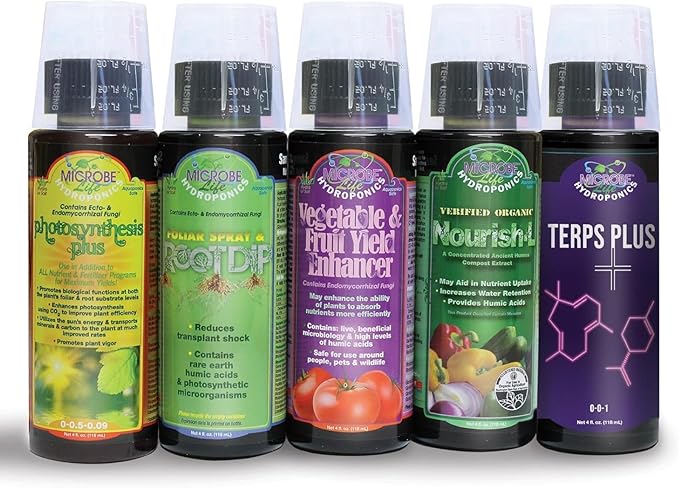 Microbe Life Hydroponics Starter Kit with 4-Ounce Sample Size Bottles of Photosynthesis Plus Nourish-L Vegetable and Fruit Plant Growth Yield Enhancer Foliar Spray &amp Root Dip and Terps Plus