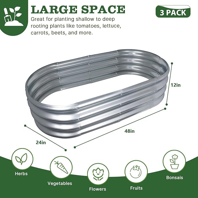 3 Pack 4x2x1ft Galvanized Raised Garden Bed Kit Oval Metal Ground Planter Box Outdoor Bottomless Planter Raised Beds for Vegetables Flowers Herbs Fruits Silver