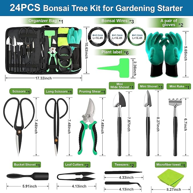 24 pcs Multifunctional Garden Tool Set New Stainless Steel Succulent Pruning Weeding Scissors Glove Liner Potting Tools with Hard Case