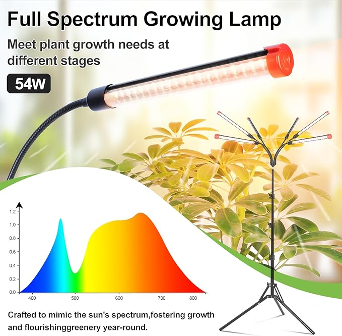 6Head Grow Light with Stand for Tall and Large Indoor Plants Bonsai Tree Big Coverage and Bright Plant Growing Lamps 4/8/12/16/20H Timer 54 Watt Power Draw NO Need Adapter 360° Gooseneck