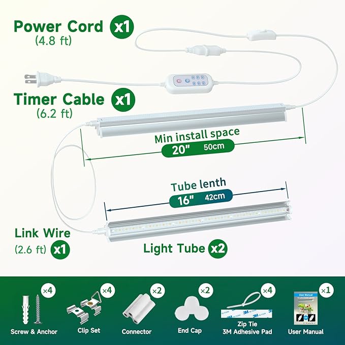 T5 Grow Lights for Indoor Plants with Timer 16 Inch LED Light Bar 10W×2 Full Spectrum Plant Light for Indoor Growing for Shelf/Rack