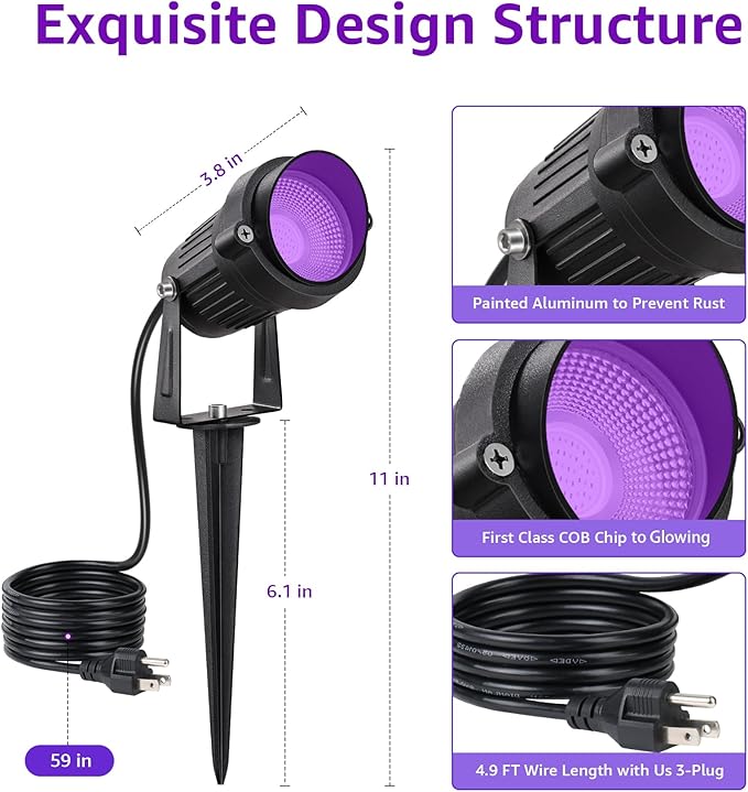 2 Pack Halloween Black Light Spot Light Outdoor Blacklight Spotlight 15W Outdoor Black Light Waterproof Purple Blacklight Spotlight LED Blacklights for Glow Party Fluorescence Poster