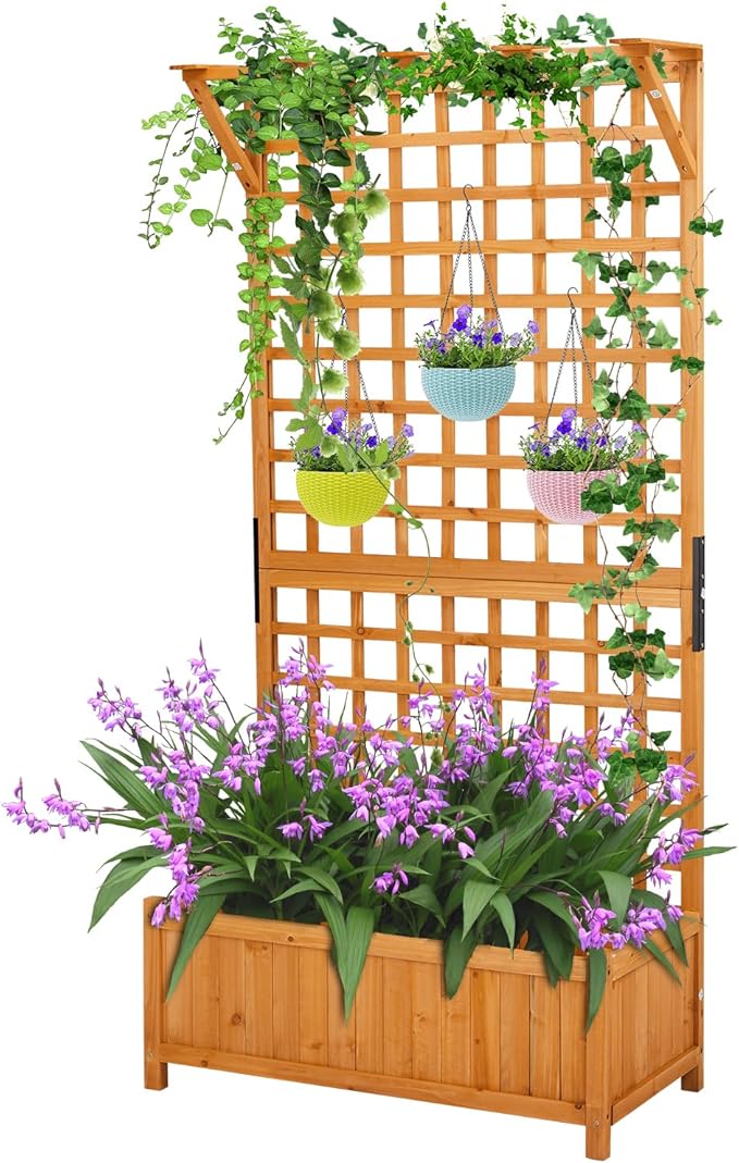 Outvita 72 H Outdoor Raised Garden Bed with Trellis &amp Roof Wood Planter Box Equipped with Drainage for Vine Climbing Plants and Flowers Herbs in Balcony Garden Patio(Orange)