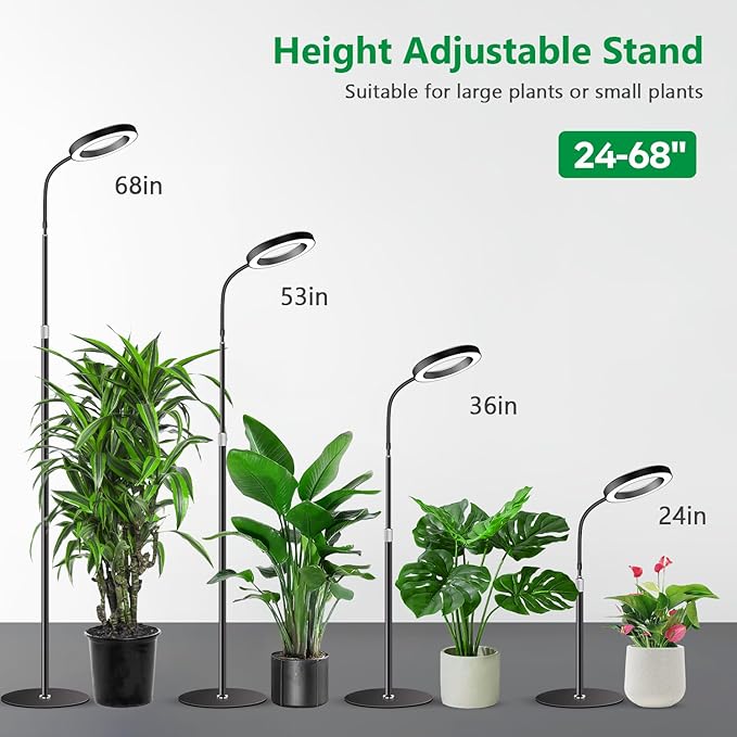 Grow Lights for Indoor Plants Full Spectrum Floor Standing Plant Lights with 68 Stand for Growing Large Tall Plants Black Halo LED Plant Grow Light with 6/12/16H Timer