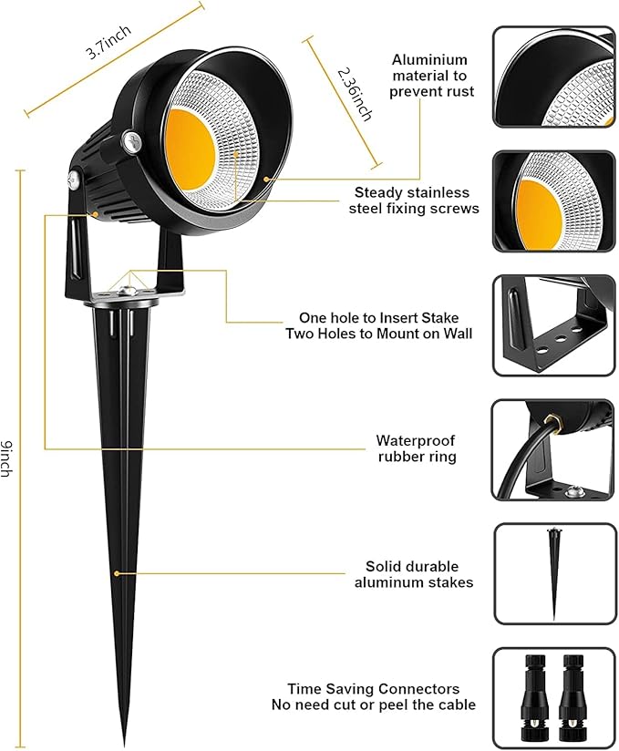 ZUCKEO 10W Landscape Lights 12V 24V Low Voltage LED Landscape Lighting with Connectors 1000LM Warm White Light IP66 Waterproof Landscaping Spotlights Yard Lawn Garden Outdoor Lights (2Pack)
