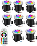 8PCS Color Changing RGBW COB Underground Garden Lights - 10W LED Recessed Spotlight with Remote Control IP67 Waterproof Outdoor Buried Lights
