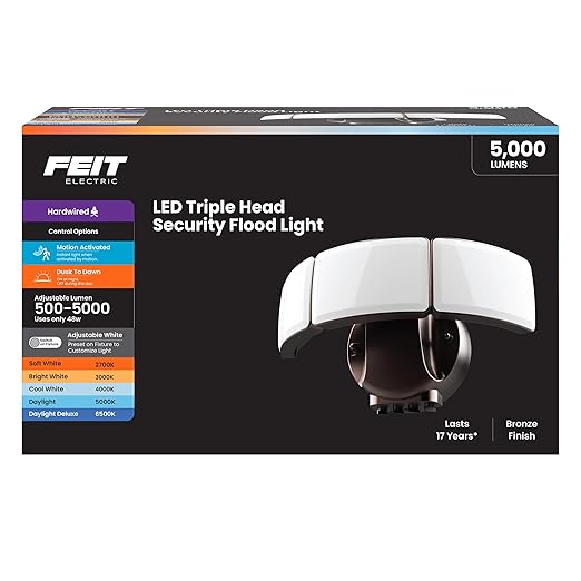 Feit Electric 10.5in Triple-Head Security Flood Light 5000 Lumens Adjustable White 2700K–6500K Microwave Motion Sensor Dusk-to-Dawn Photocell Lumen Select S10.5TFL/5CCT/MM/BZ