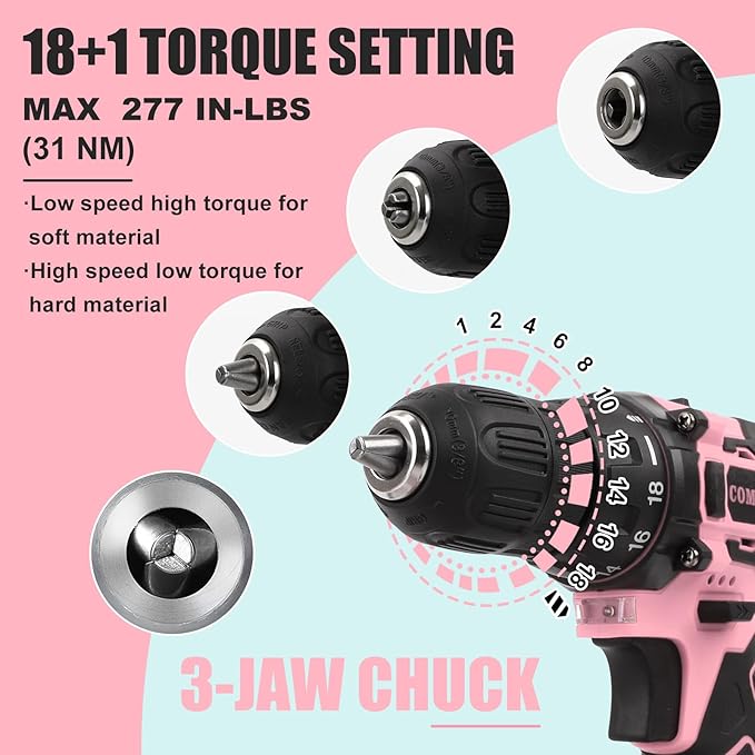 COMOWARE Pink Cordless Drill Set for Women 12V Lightweight Electric Screwdriver with 3/8 Keyless Chuck 1.5Ah Battery - Portable Power Drill Kit with Pink Tool Bag for Home DIY Projects