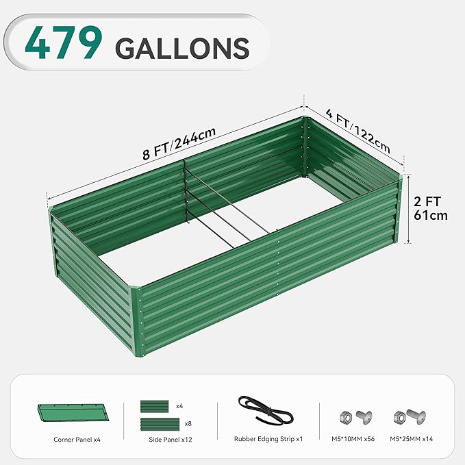 YITAHOME 96x48x24 in 2pcs Galvanized Raised Garden Bed Kit Large Metal Planter Box with Gloves Safety Rubber &amp Support Rod Outdoor Flower Bed for Plants Vegetables Green