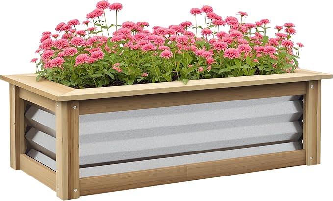 Outsunny Raised Garden Bed Outdoor Planter Box Galvanized Metal Reinforced with Wood Stock Tank for Growing Flowers Herbs and Vegetables