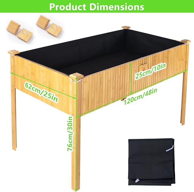 Raised Garden Bed 48x25x30 Inch Raised Bed Elevated Bamboo Planter Box with Legs Standing Growing Bed for Growing Fresh Herbs Vegetables Succulents Flowers