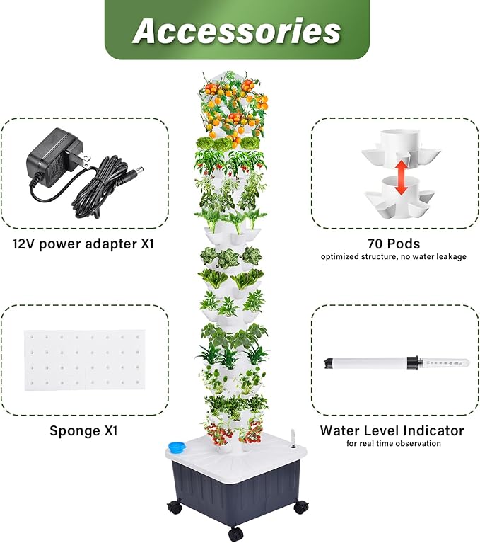 14-Layer 70 Slots Hydroponic Grow Tower Kit Vertical Indoor Outdoor Growing System with Movable Water Tank Water Pump Timer and Adapter for Vegetables Strawberries Lettuce &amp Plants