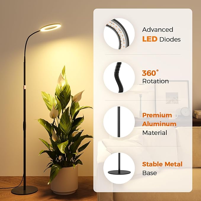 Bamworld Grow Lights for Indoor Plants Full Spectrum Plant Lights for Indoor Growing Floor Grow Lamp for Large Plants Auto ON/Off Timer 3/9/12H 10 Dimmable Levels 37-65 Adjustable Height