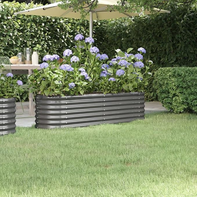 59.8 x 15.7 x 14.2 in Grey Oval Raised Garden Bed Powder-Coated Steel Outdoor Elevated Planter Box for Vegetables Herbs &amp Flowers Modern Patio Planter for Balcony Yard &amp Terrace