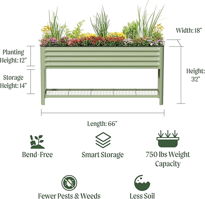 Elevated Raised Garden Bed- Slim Series 1.5' x 5.5' Outdoor Planters Boxes with Legs &amp Storage Rack for Patio 750 Lbs Weight Capacity Raised Beds for Gardening Herbs Vegetables Flowers Olive G