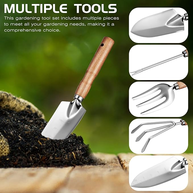 Garden Tools Set Gardening Tool Kit 5pcs Ash Wood Handle 430 Stainless Steel for Yard and Indoor Gardening