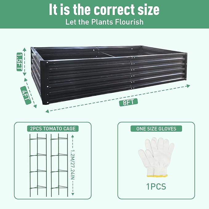 Metal Raised Garden Bed 8x4x1.5Ft Tall Outdoor Large Metal Galvanized Planter Boxes Kit for Vegetables Flowers and HerbsGarden Beds with 2Pcs Tomato Cage 1Pc GlovesBlack