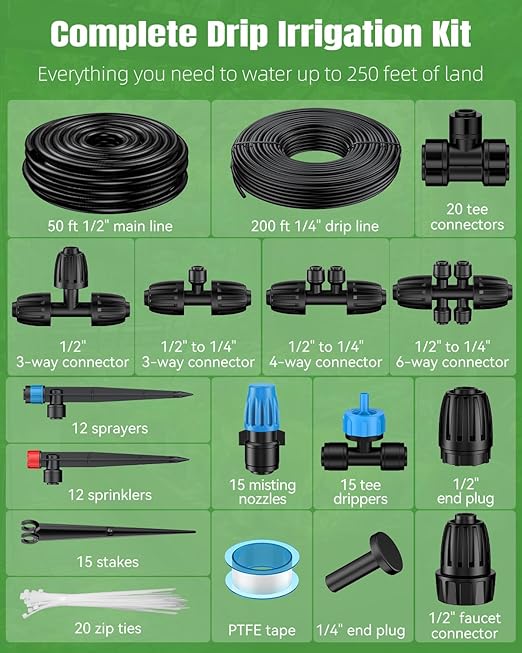 Pawfly 250 ft Drip Irrigation System Quick-Connect Drip Irrigation Kit with 50ft 1/2 &amp 200ft 1/4 Tubing and Accessories Garden Watering System for GreenhouseYardsLawnRaised Bed
