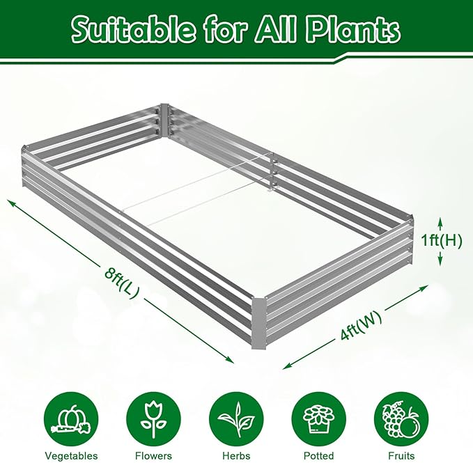 2PCS 8x4x1FT Galvanized Raised Garden Bed Outdoor Patio Large Rectangular Metal Planter BoxesPlant Container Kit for Gardening Vegetables Flowers HerbsSilver