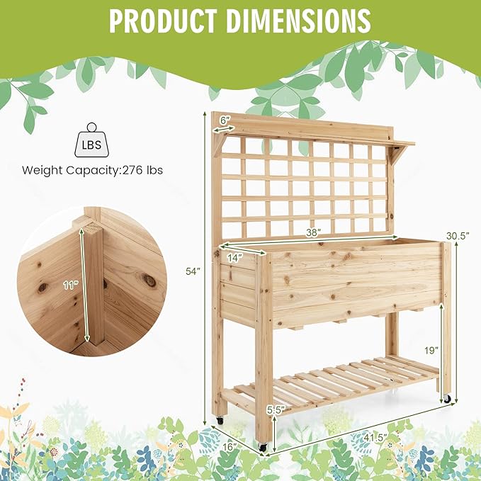 S AFSTAR Raised Garden Bed with Trellis 41.5x16x54in Mobile Elevated Planter Box with Wheels Bed Liner Top/Bottom Storage Shelves Freestanding Wood Planter Stand for Garden Patio Balcony